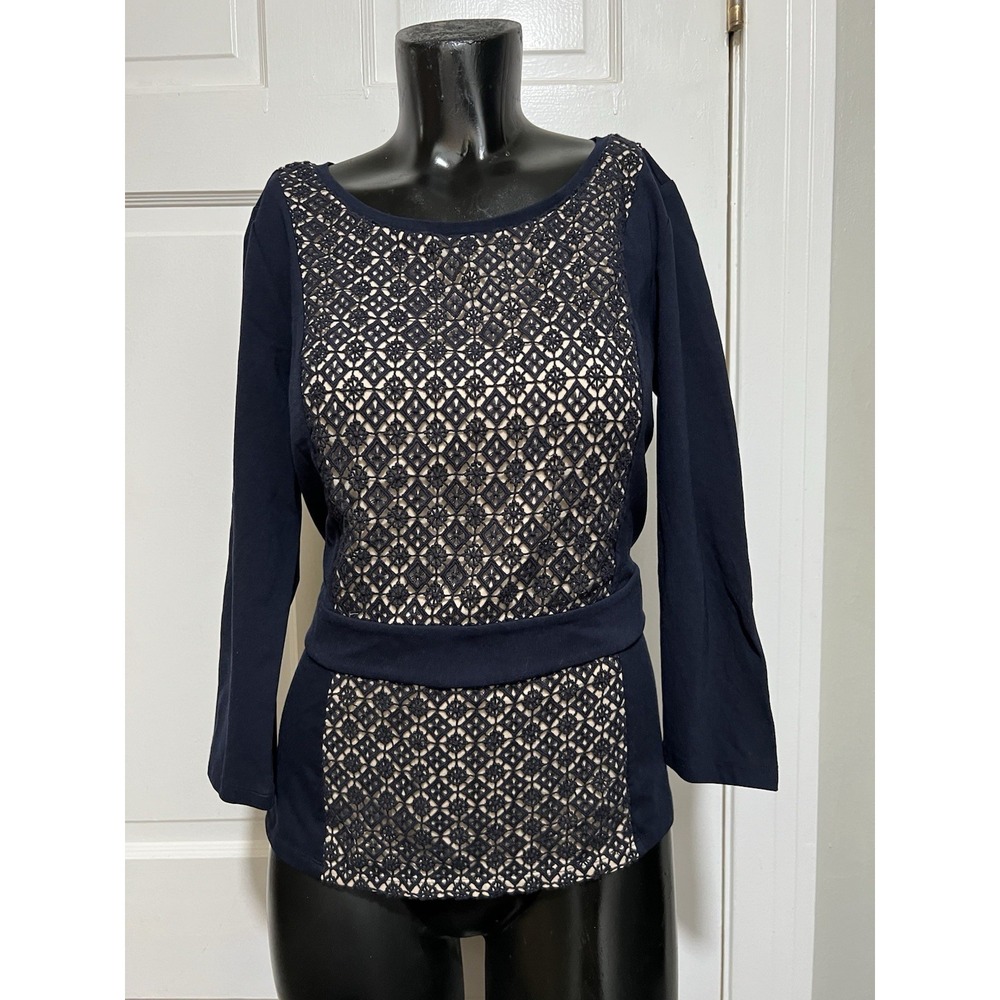 Navy Blue Ann Taylor 3/4 Length Sleeve Lace Shirt Size Small - Picture 1 of 5